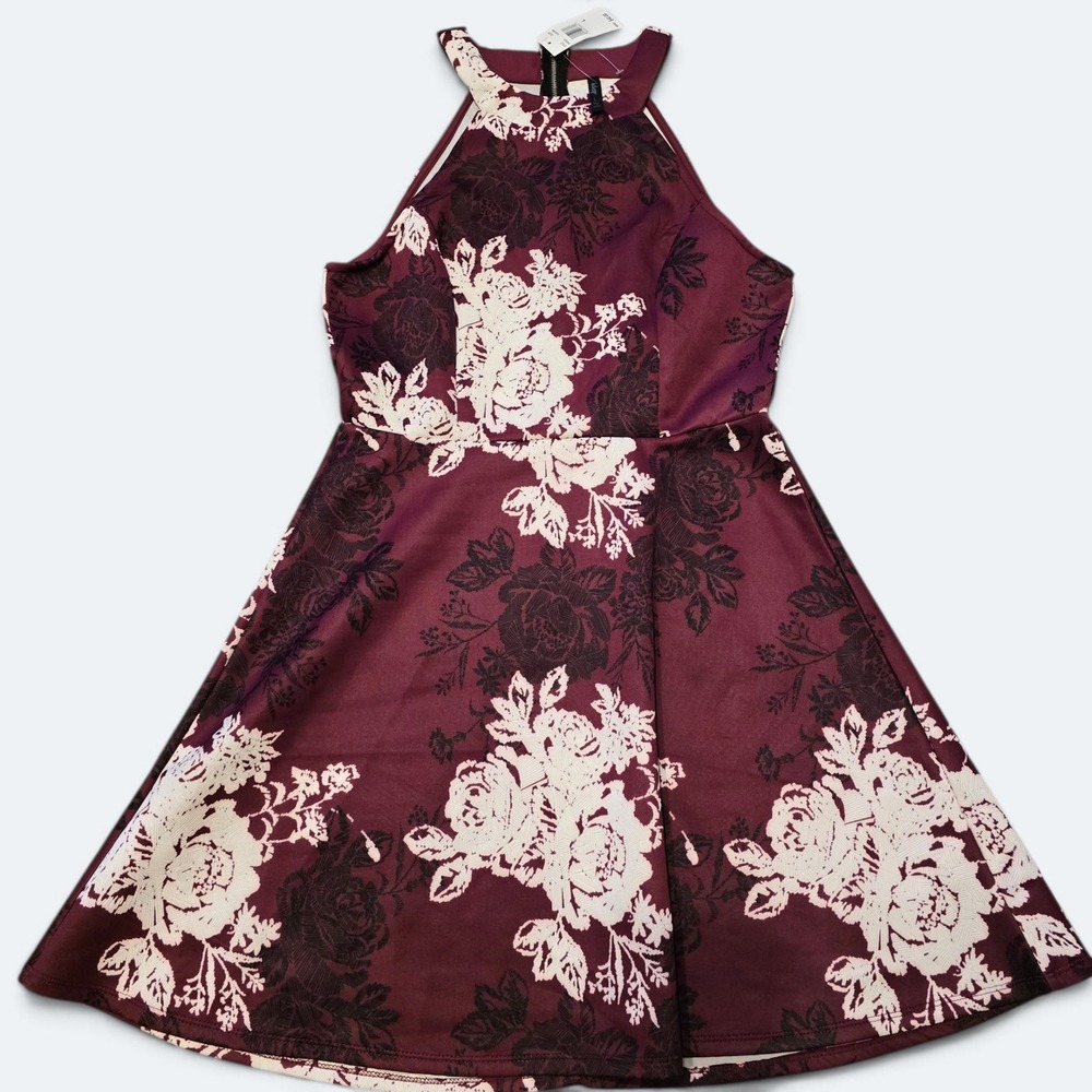 Floral Halter Fit and Flare Dress Plum Wine Burgundy Womens Large NWT